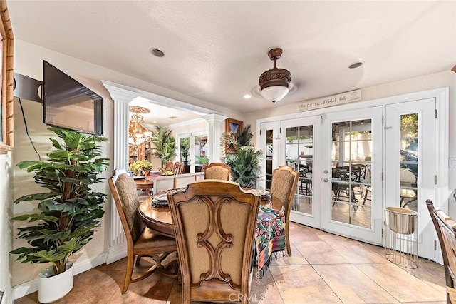 1704 Pass And Covina Rd, West Covina, CA 91792 - dining room with french doors, ornate columns, light tile patterned flooring, and recessed lighting