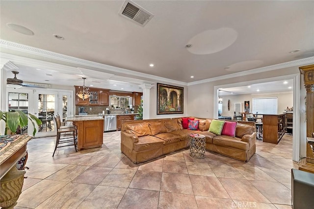 1704 Pass And Covina Rd, West Covina, CA 91792 - living area featuring plenty of natural light, crown molding, recessed lighting, decorative columns, and light tile patterned floors