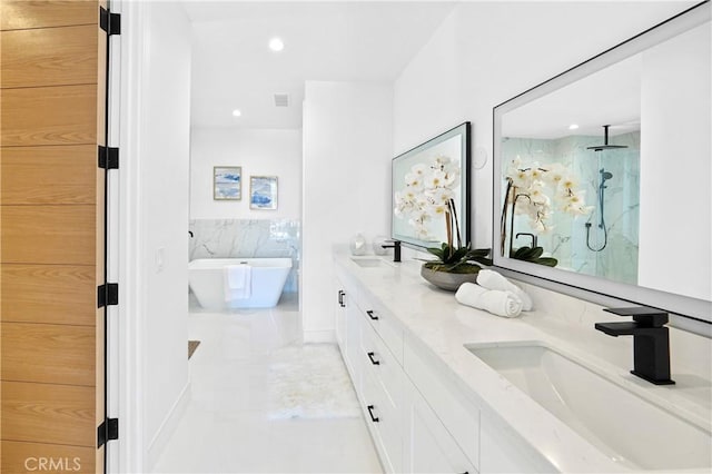 125 8th St, Huntington Beach, CA 92648 - full bathroom featuring a stall shower, a freestanding tub, recessed lighting, double vanity, and marble finish flooring