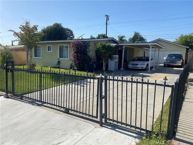 single story home featuring stucco siding, driveway, and a carport