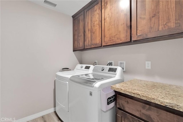 5824 White Fox Trl, Phelan, CA 92371 - laundry room featuring cabinet space, washing machine and clothes dryer, baseboards, and light wood-type flooring