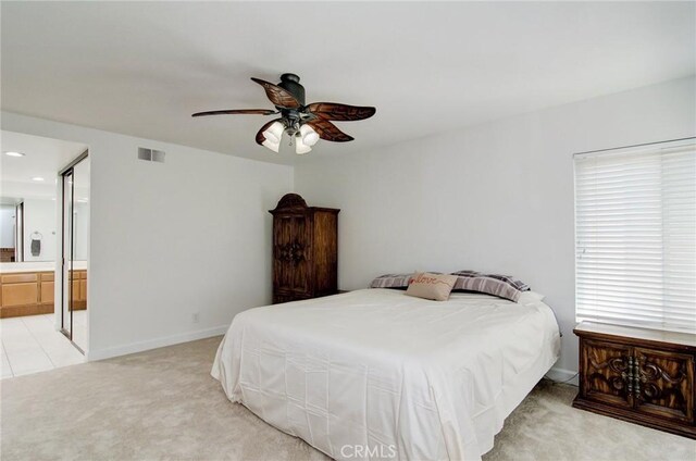22492 Eloise Dr, Lake Forest, CA 92630 - bedroom featuring light colored carpet, baseboards, ceiling fan, connected bathroom, and recessed lighting