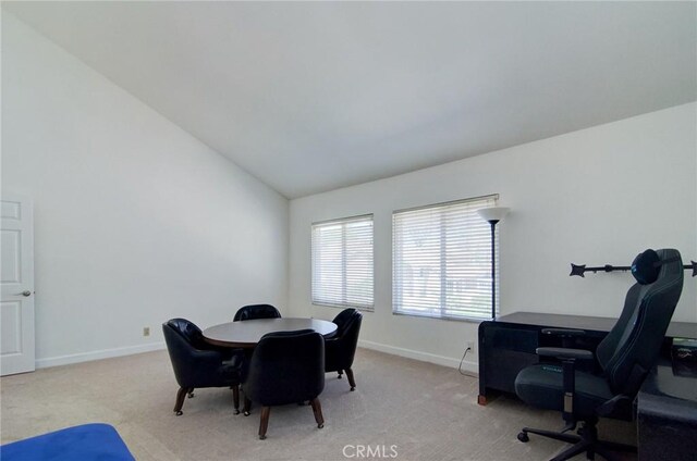 22492 Eloise Dr, Lake Forest, CA 92630 - dining area with carpet flooring, lofted ceiling, baseboards, and a desk