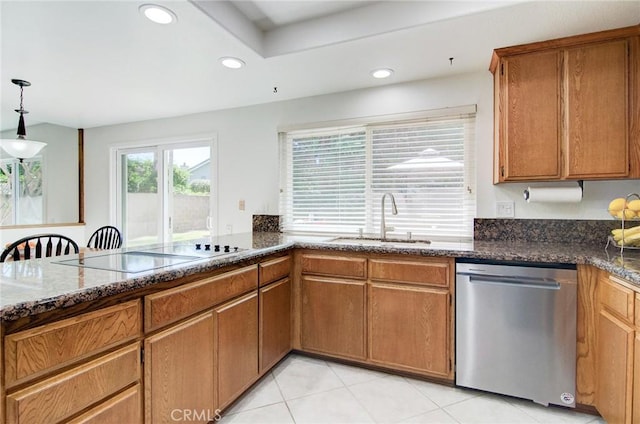 22492 Eloise Dr, Lake Forest, CA 92630 - kitchen featuring dishwasher, a sink, black electric stovetop, brown cabinetry, and recessed lighting
