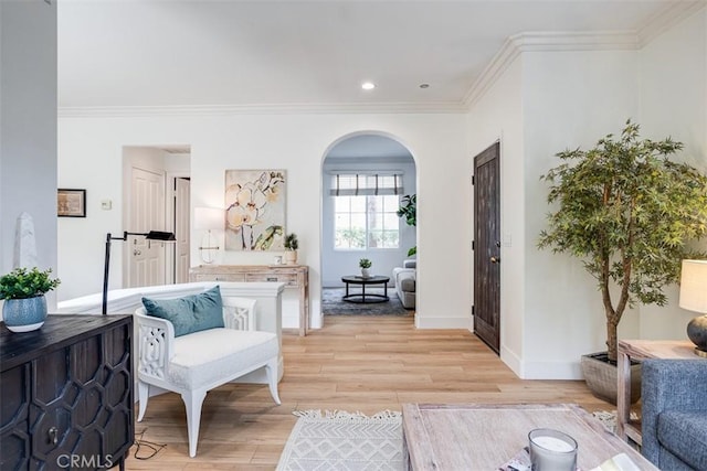 86 Canyoncrest, Irvine, CA 92603 - interior space featuring crown molding, arched walkways, light wood-style flooring, baseboards, and recessed lighting