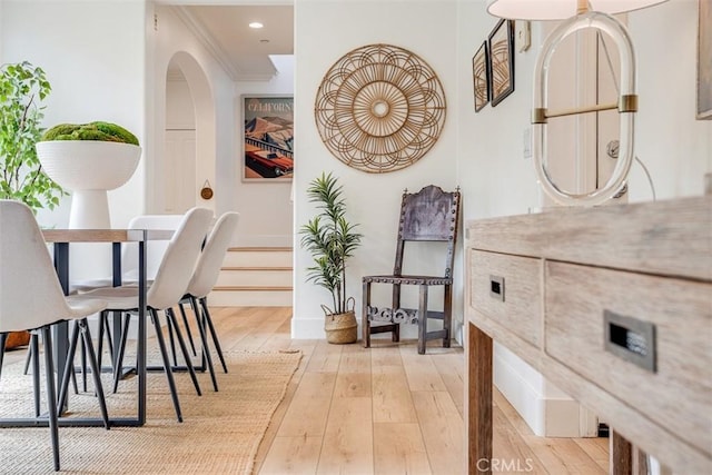 86 Canyoncrest, Irvine, CA 92603 - dining space with light wood-type flooring, baseboards, recessed lighting, and crown molding