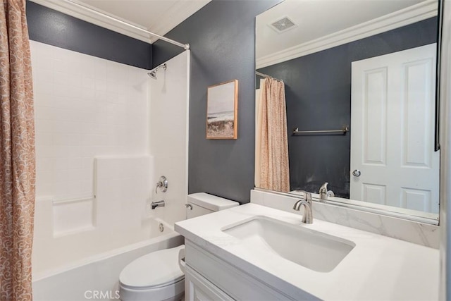 86 Canyoncrest, Irvine, CA 92603 - bathroom with ornamental molding, toilet, shower / tub combo, and vanity