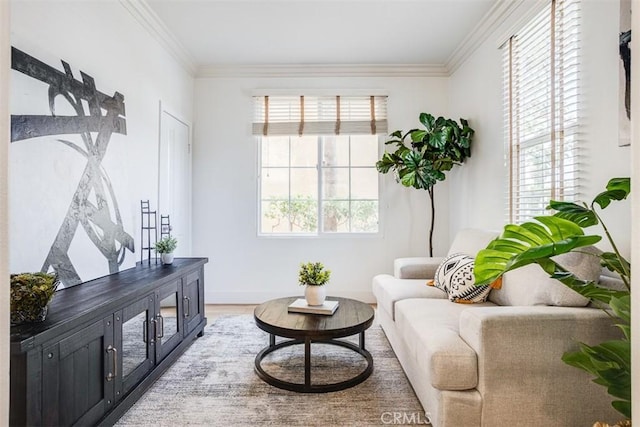 86 Canyoncrest, Irvine, CA 92603 - sitting room featuring crown molding, light wood-style floors, and baseboards