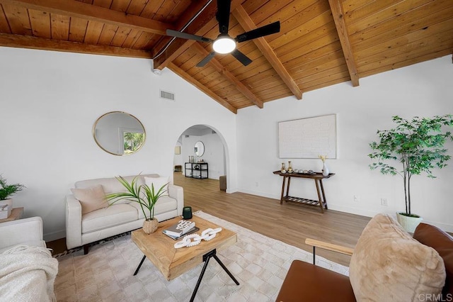 8184 Flanders Dr, San Diego, CA 92126 - living room with wooden ceiling, arched walkways, a ceiling fan, wood finished floors, and baseboards
