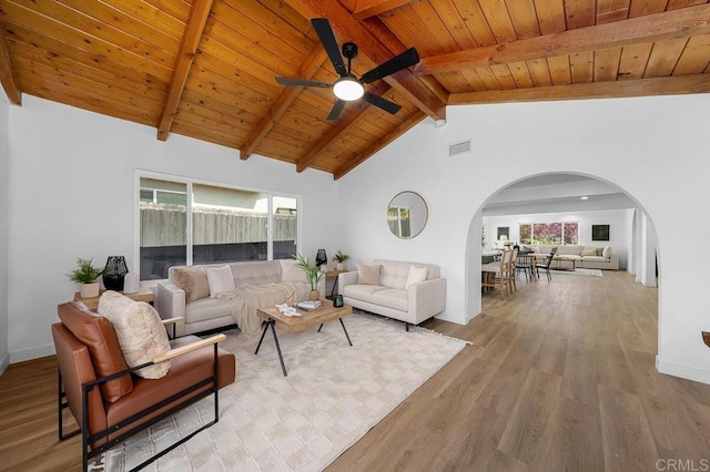 8184 Flanders Dr, San Diego, CA 92126 - living area featuring arched walkways, wood finished floors, wooden ceiling, ceiling fan, and baseboards