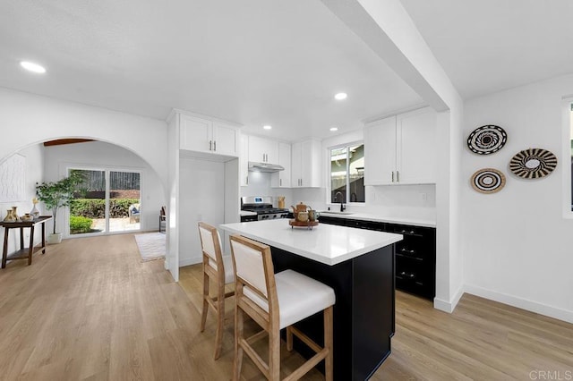8184 Flanders Dr, San Diego, CA 92126 - kitchen featuring stove, arched walkways, light wood-type flooring, a sink, and under cabinet range hood