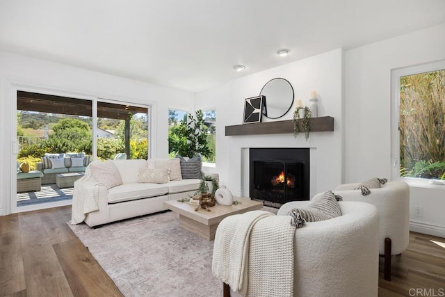 1707 Willowhaven Rd, Encinitas, CA 92024 - living room with healthy amount of natural light, wood finished floors, and a lit fireplace