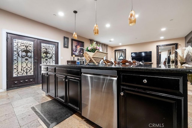 5801 S Moonstone Peak Dr, Bakersfield, CA 93313 - kitchen featuring dishwasher, dark cabinets, recessed lighting, decorative light fixtures, and open floor plan