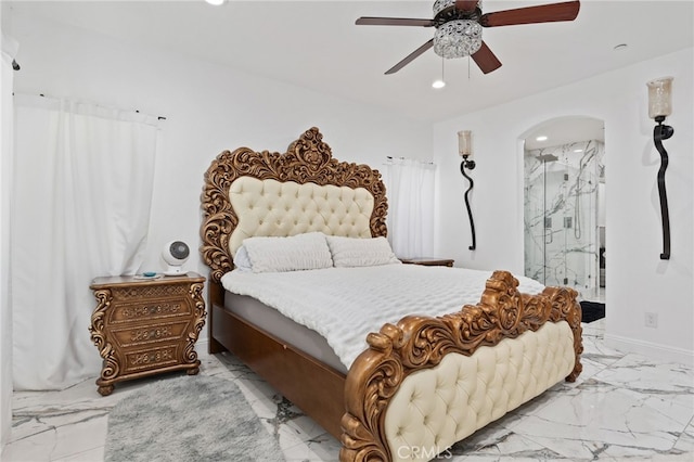 5801 S Moonstone Peak Dr, Bakersfield, CA 93313 - bedroom with marble finish flooring, recessed lighting, arched walkways, a ceiling fan, and ensuite bath