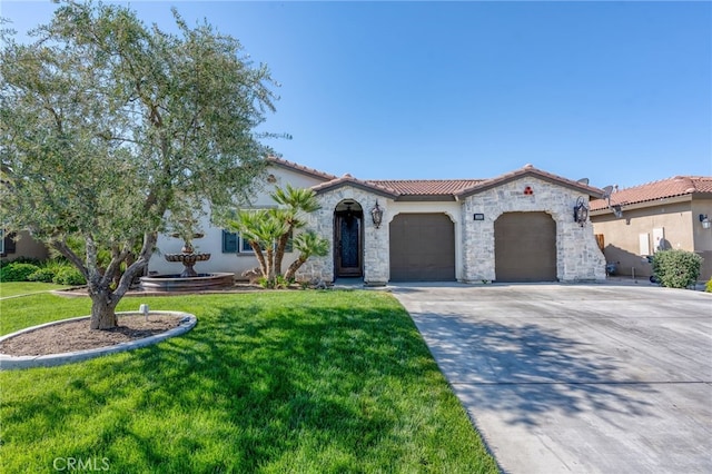 5801 S Moonstone Peak Dr, Bakersfield, CA 93313 - mediterranean / spanish house featuring an attached garage, a front lawn, stone siding, and a tile roof