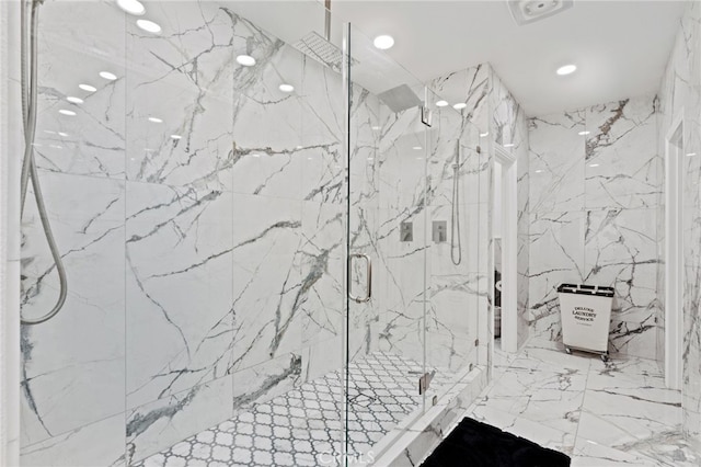 5801 S Moonstone Peak Dr, Bakersfield, CA 93313 - full bathroom featuring a marble finish shower and recessed lighting