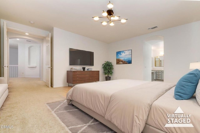23839 Rio Ranch Way, Valencia, CA 91354 - bedroom with arched walkways, carpet, a chandelier, and baseboards