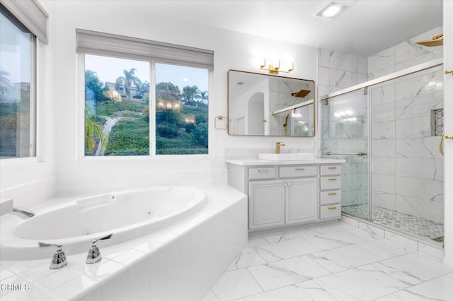 23839 Rio Ranch Way, Valencia, CA 91354 - bathroom with a tub with jets, a stall shower, and vanity
