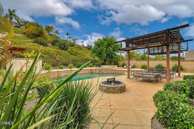23839 Rio Ranch Way, Valencia, CA 91354 - view of swimming pool with a fire pit, a pergola, a fenced backyard, and a patio