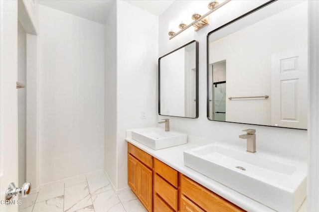 23839 Rio Ranch Way, Valencia, CA 91354 - full bathroom featuring marble look tile flooring, baseboards, an enclosed shower, and double vanity
