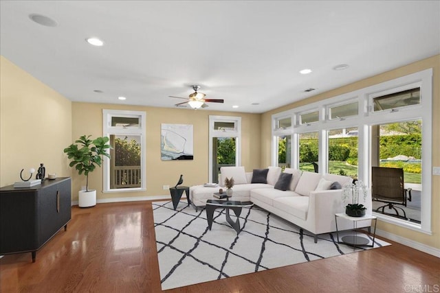 38161 Butterfly Ct, Yucaipa, CA 92399 - living area with baseboards, wood finished floors, recessed lighting, and ceiling fan