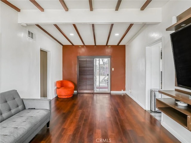 1401 W 165th St, Compton, CA 90220 - living room featuring beamed ceiling, recessed lighting, wood finished floors, and baseboards