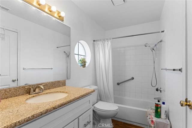 14881 Hawthorne Ave, Fontana, CA 92335 - bathroom with shower / bath combo with shower curtain, vanity, wood finished floors, and toilet