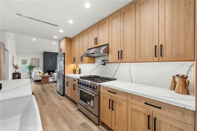 7307 Forbes Ave, Lake Balboa, CA 91406 - kitchen featuring under cabinet range hood, stainless steel appliances, light wood-style flooring, light stone counters, and decorative backsplash