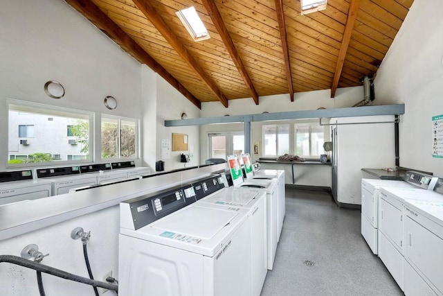 1307 Caminito Gabaldon Unit B, San Diego, CA 92108 - kitchen featuring washer and clothes dryer, wooden ceiling, beam ceiling, white cabinets, and high vaulted ceiling