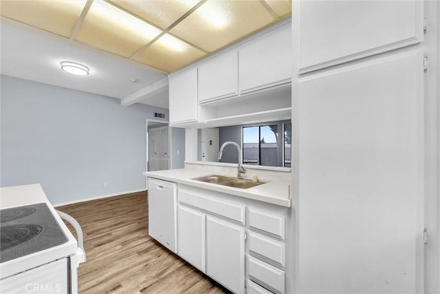 1735 E Washington St Unit B28, Colton, CA 92324 - kitchen with a sink, white appliances, white cabinetry, light countertops, and light wood finished floors