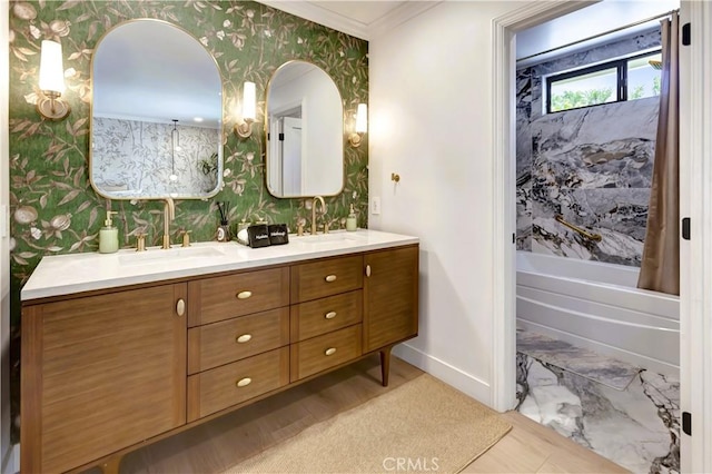 20139 Lake Canyon Dr, Walnut, CA 91789 - full bath featuring wallpapered walls, baseboards, double vanity, bathtub / shower combination, and crown molding