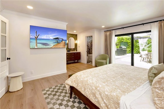 20139 Lake Canyon Dr, Walnut, CA 91789 - bedroom featuring access to outside, crown molding, wood finished floors, recessed lighting, and baseboards