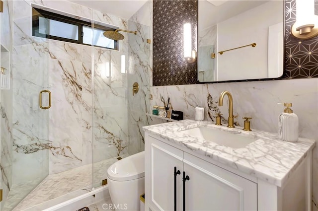 20139 Lake Canyon Dr, Walnut, CA 91789 - full bathroom featuring tile walls, a marble finish shower, toilet, and vanity