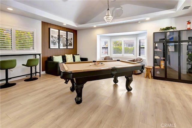 20139 Lake Canyon Dr, Walnut, CA 91789 - playroom with pool table, recessed lighting, vaulted ceiling, light wood-type flooring, and a raised ceiling