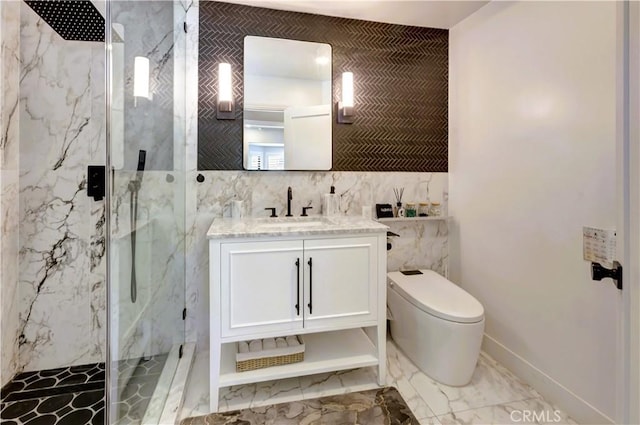 20139 Lake Canyon Dr, Walnut, CA 91789 - bathroom with marble finish floors, a marble finish shower, toilet, tile walls, and vanity