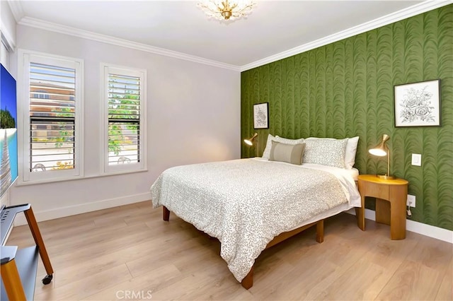 20139 Lake Canyon Dr, Walnut, CA 91789 - bedroom featuring wallpapered walls, an accent wall, baseboards, crown molding, and light wood-style floors