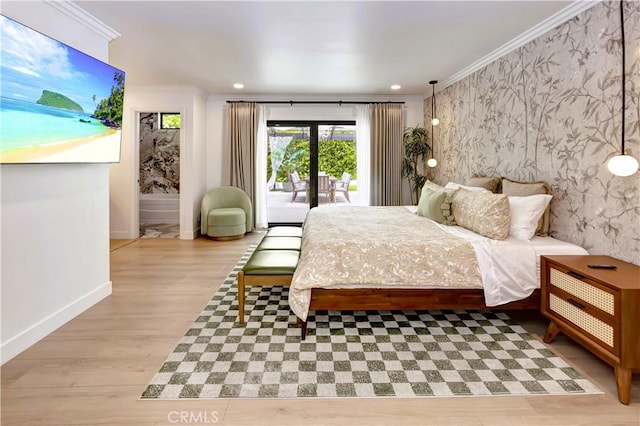 20139 Lake Canyon Dr, Walnut, CA 91789 - bedroom featuring crown molding, access to outside, baseboards, wood finished floors, and recessed lighting