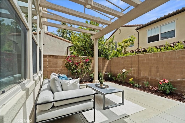 view of patio with a fenced backyard, an outdoor living space, and a pergola