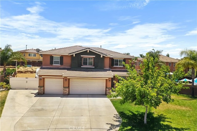 19883 San Juan Capistrano Ct, Riverside, CA 92508 - view of front of house with a garage, driveway, stucco siding, and stone siding