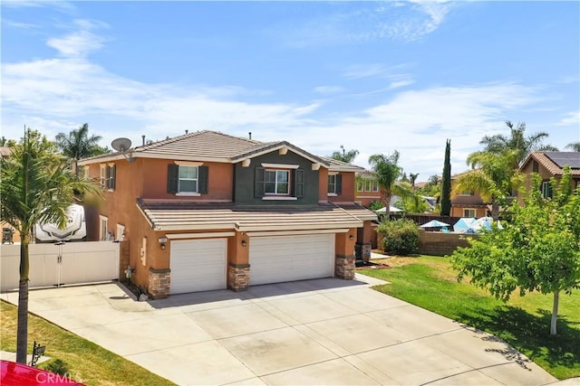 19883 San Juan Capistrano Ct, Riverside, CA 92508 - view of front of home with an attached garage, stucco siding, driveway, stone siding, and a tiled roof