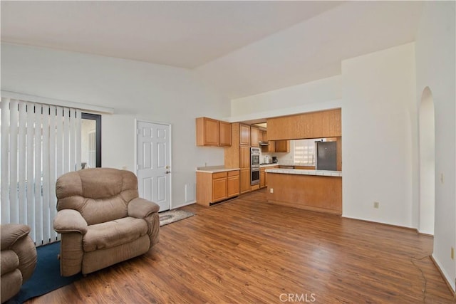 35823 48th St E, Palmdale, CA 93552 - living area featuring dark wood-type flooring, vaulted ceiling, baseboards, and arched walkways