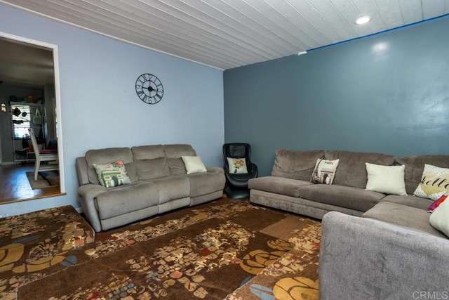 living room with wooden ceiling