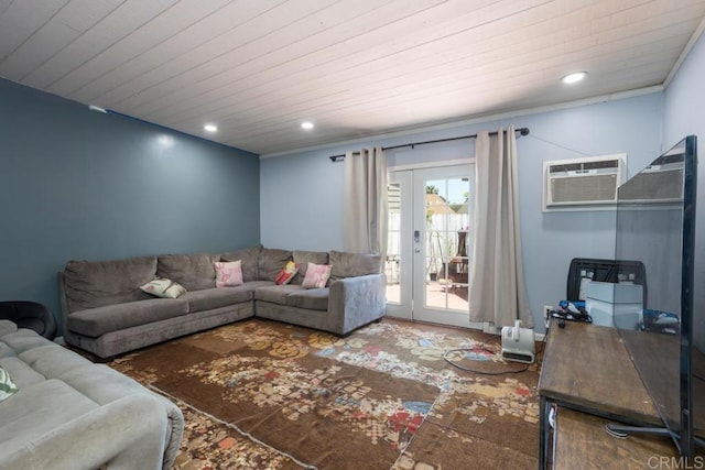 living room featuring a wall mounted AC, french doors, wooden ceiling, and recessed lighting