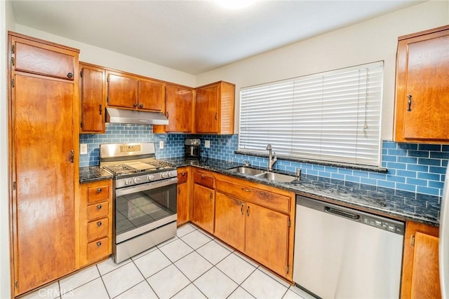 3628 Grizzley Creek Ct, Ontario, CA 91761 - kitchen featuring appliances with stainless steel finishes, under cabinet range hood, a sink, brown cabinetry, and decorative backsplash