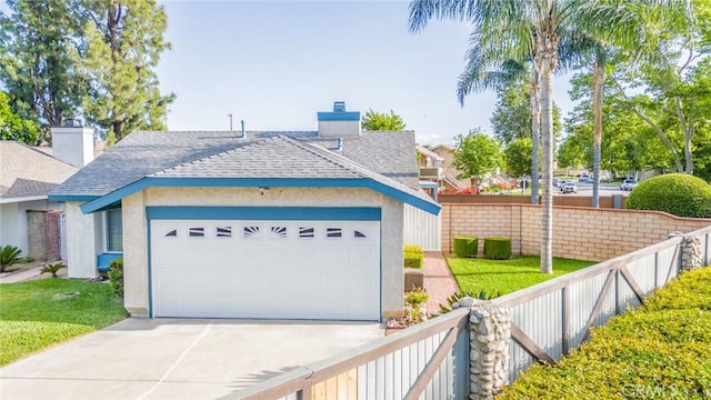 3628 Grizzley Creek Ct, Ontario, CA 91761 - ranch-style house featuring driveway, a garage, a shingled roof, a chimney, and stucco siding