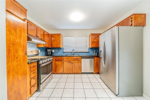 3628 Grizzley Creek Ct, Ontario, CA 91761 - kitchen featuring appliances with stainless steel finishes, under cabinet range hood, a sink, dark countertops, and brown cabinets
