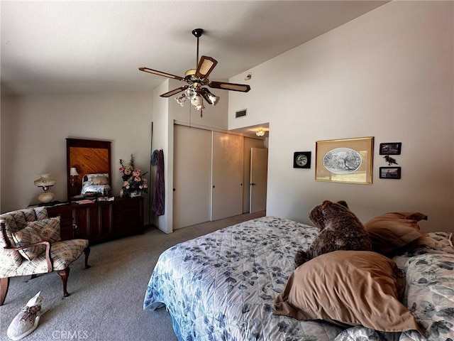 19628 Pine Valley Ave, Porter Ranch, CA 91326 - bedroom with carpet flooring, a closet, a ceiling fan, and high vaulted ceiling