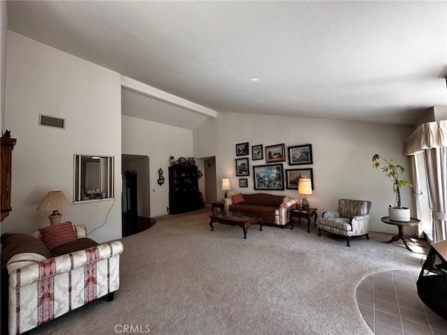 19628 Pine Valley Ave, Porter Ranch, CA 91326 - living room featuring lofted ceiling and carpet