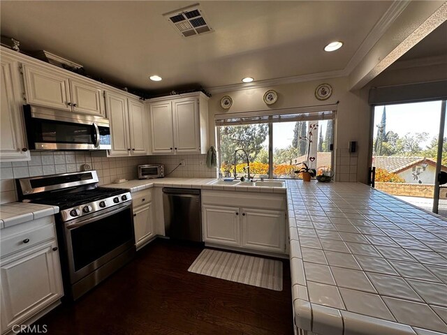 19628 Pine Valley Ave, Porter Ranch, CA 91326 - kitchen featuring stainless steel appliances, tile counters, a sink, white cabinetry, and tasteful backsplash