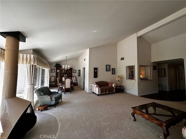 19628 Pine Valley Ave, Porter Ranch, CA 91326 - carpeted living area with lofted ceiling and a chandelier